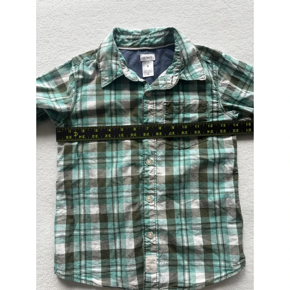 Carter's Button Down Shirt Kids Boys Size 6 Teal Green Plaid Long Sleeve 283G051